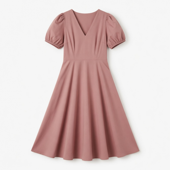 V-Neck Puff Sleeve A-Line Women's Midi Dress