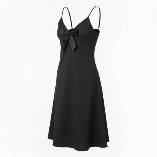 Black Bow Polyester Women's Slip Dress