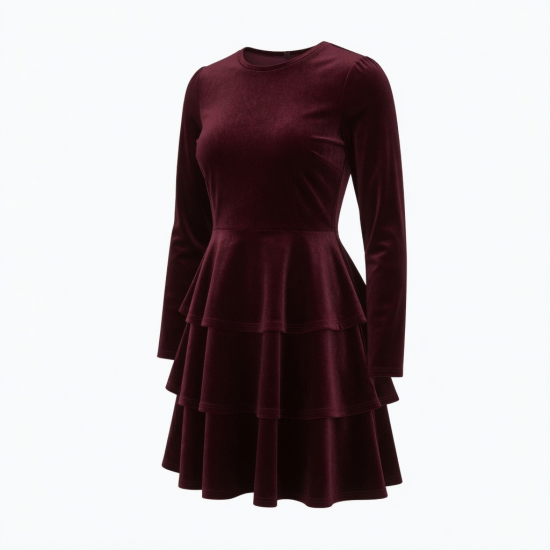 Tiered Fit Flare Velvet Polyester Women's Mini Dress