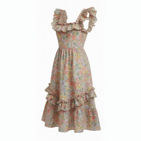 Square Neck A-Line Ruffled Floral Women's Dress