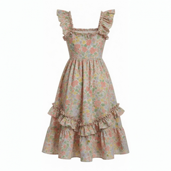 Square Neck A-Line Ruffled Floral Women's Dress
