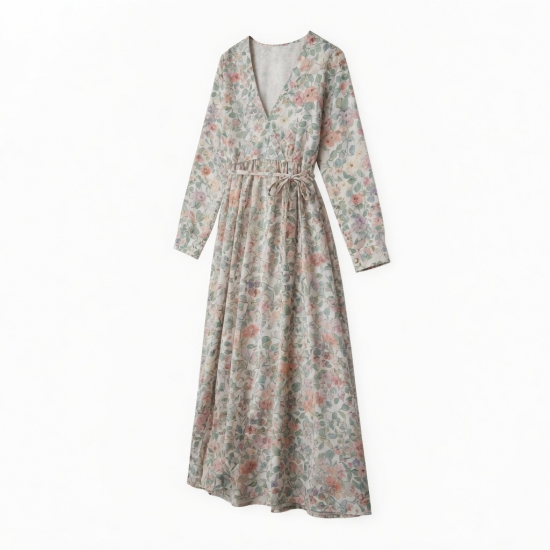 V-Neck Long Sleeve A-Line Floral Women's Maxi Dress