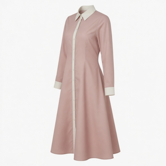 Collared Long Sleeve A-Line Button Women's Midi Dress