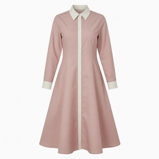 Collared Long Sleeve A-Line Button Women's Midi Dress