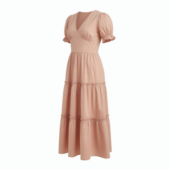 V-Neck Short Sleeve Puff Tiered Women's Maxi Dress