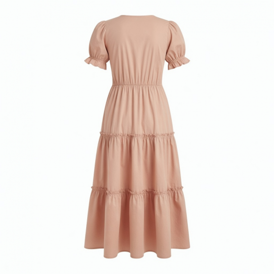 V-Neck Short Sleeve Puff Tiered Women's Maxi Dress