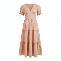 V-Neck Short Sleeve Puff Tiered Women's Maxi Dress