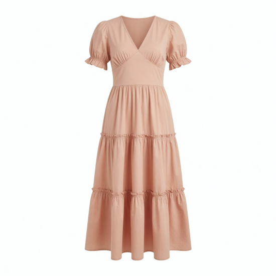 V-Neck Short Sleeve Puff Tiered Women's Maxi Dress