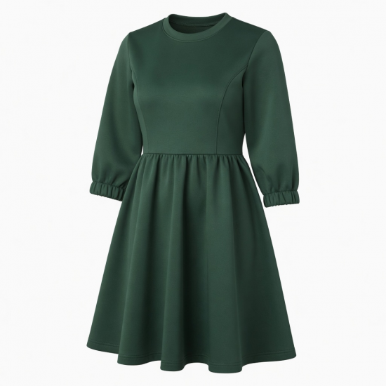 Three-Quarter Sleeve Gathered A-Line Scuba Women's Dress