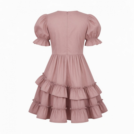 Round Neck Puff Sleeve A-Line Ruffled Women's Dress