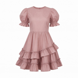Round Neck Puff Sleeve A-Line Ruffled Women's Dress