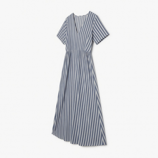 V-Neck Short Sleeve Striped Cotton Women's Maxi Dress