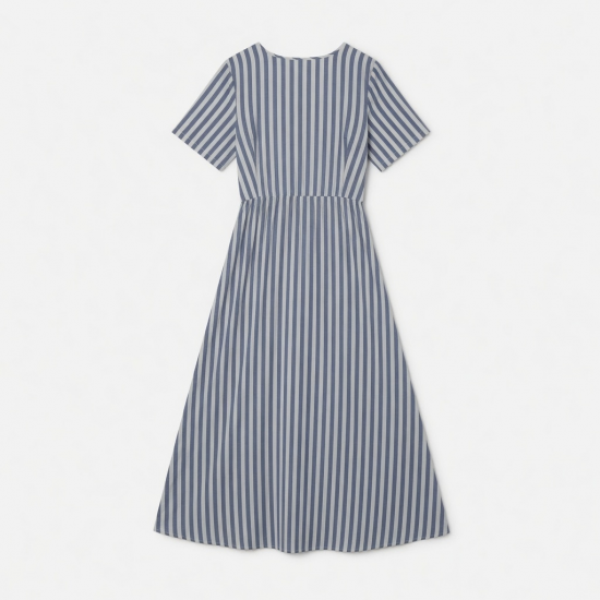 V-Neck Short Sleeve Striped Cotton Women's Maxi Dress