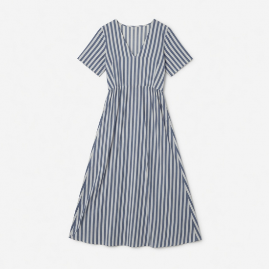 V-Neck Short Sleeve Striped Cotton Women's Maxi Dress