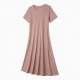 Round Neck Short Sleeve Ribbed Rayon Women's Midi Dress