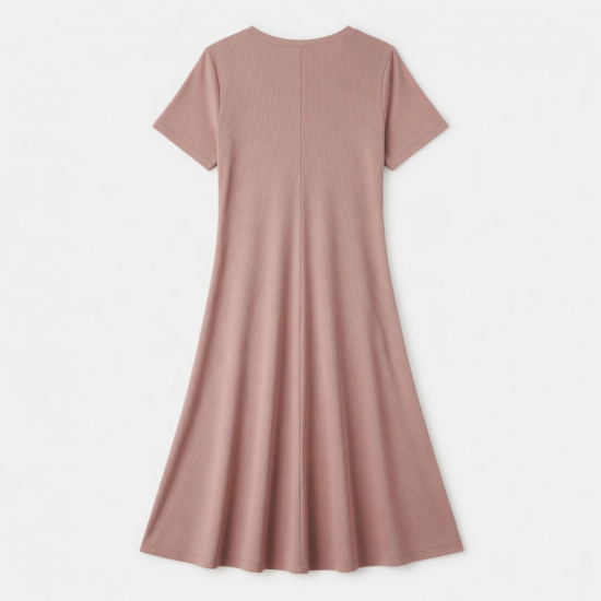 Round Neck Short Sleeve Ribbed Rayon Women's Midi Dress