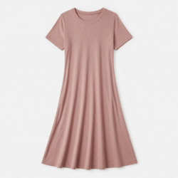Round Neck Short Sleeve Ribbed Rayon Women's Midi Dress